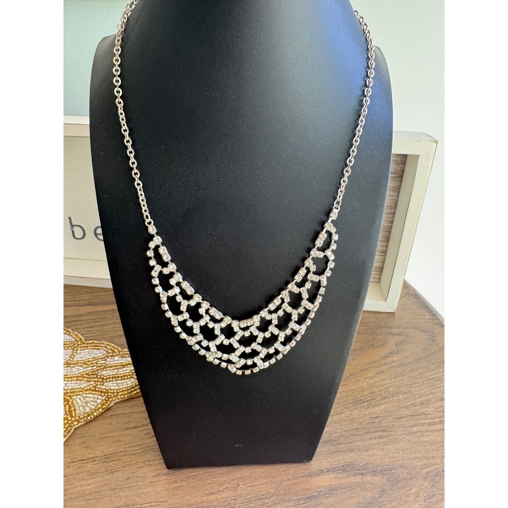 Statement Necklace Rhinestone Silver Tone Bridal Party Jewelry Fashion Accessory